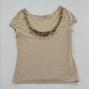 Vintage Cache Beige Beaded Embellished Short Sleeve blouse Twee